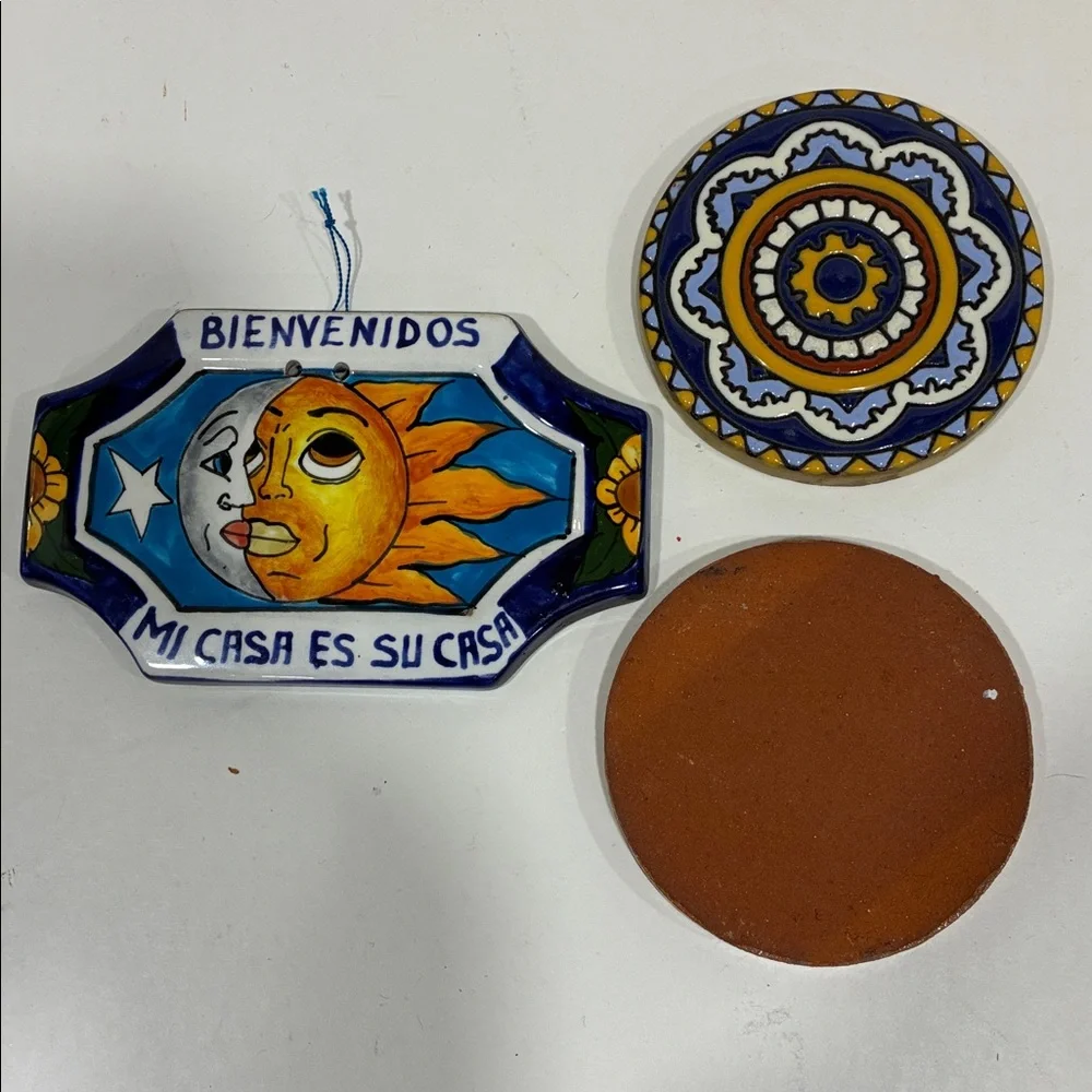 Mexican Wall Decor Ceramic Plaque PLUS 2 Coasters Very Colorful Day of the Dead